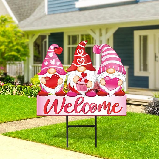 JarThenaAMCS Valentine's Day Metal Garden Stakes Red Pink Heart Gnome Yard Stake Decorative Welcome Lawn Sign for Wedding Anniversary Home Outside Lawn Porch Decor
