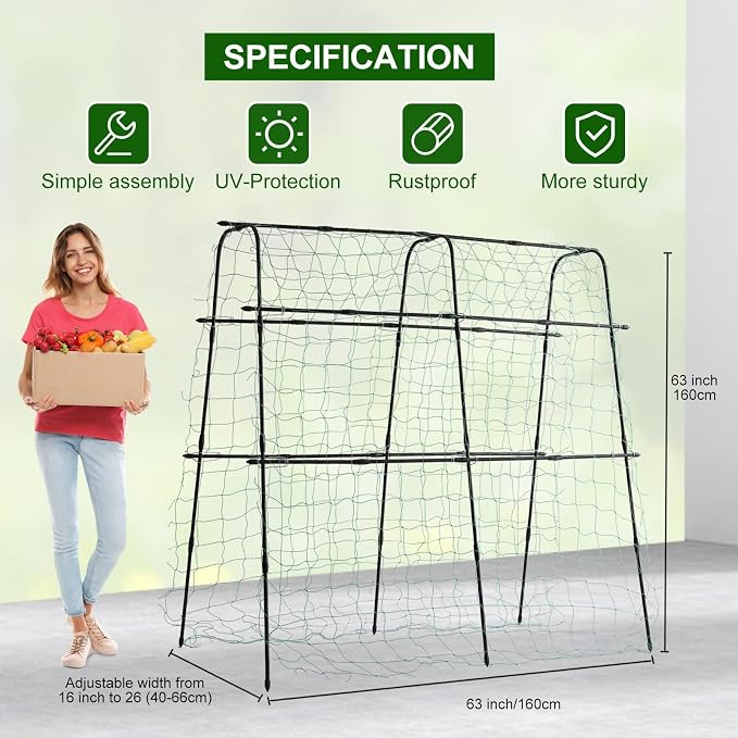 63x63 Cucumber Trellis for Raised Garden Bed, Garden Arch Trellis for Climbing Plants Outdoor, Metal Tomato Cage with Netting, Adjustable Plant Trellis for Tomatoes, Cucumbers, Beans, Peas,Black