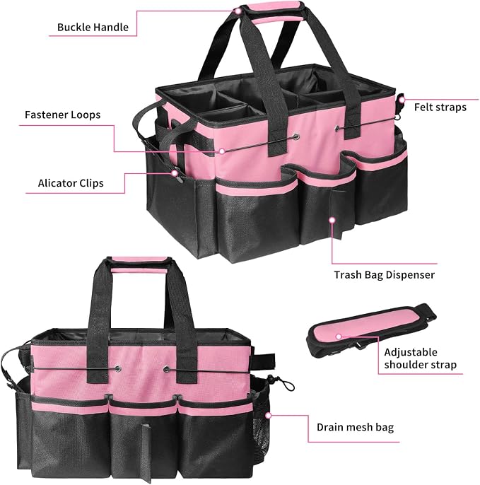 Large Wearable Cleaning Caddy Bag – Waterproof Tote with Multiple Compartments, 4 Detachable Dividers, Adjustable Shoulder Strap & Waist Belt, Heavy-Duty Organizer for Housekeepers, Home, Car -Pink