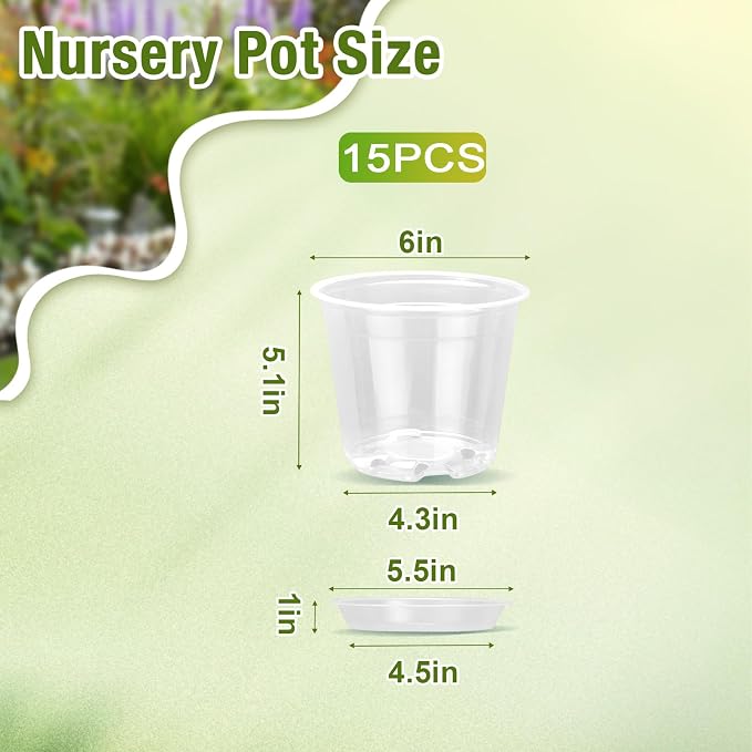 6 Inch Clear Nursery Pots with Drainage and Saucers, 15 Pack Large Clear Plastic Nursery Pots for Plants, Seedling Plant Pots for Repotting and Growing Plants, Flowers & Vegetables (6 inch)
