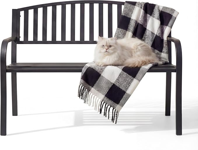 50" Outdoor Garden Bench, Iron Metal Frame Patio Bench with Backrest and Armrests, Weatherproof Anti-Rust Outdoor Bench for Front Porch, Park, Yard, Patio (402-32BK)
