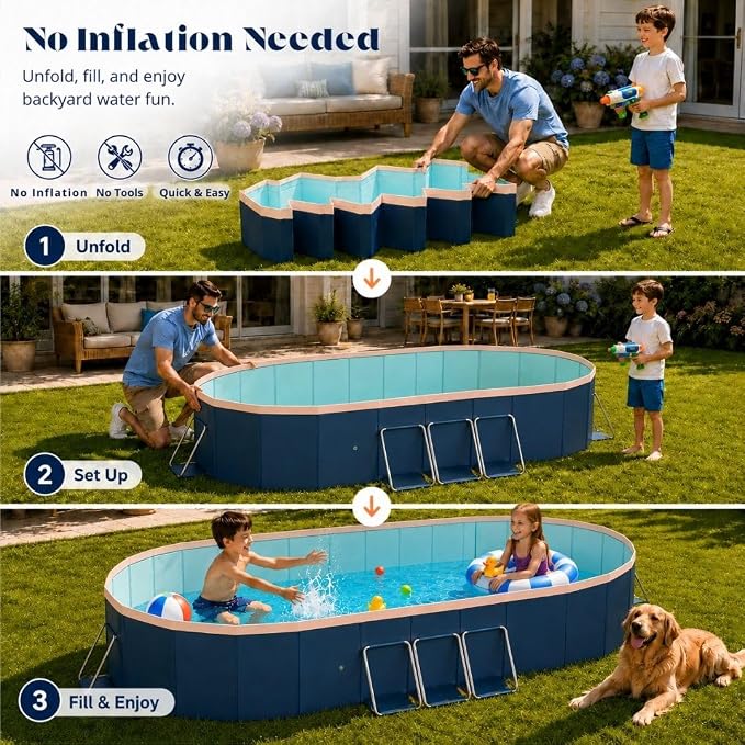 10 ft Foldable Non-Inflatable Swimming Pool, 118.11 x 86.61 x 19.69 in, Blue PVC Backyard Pool with Aluminum Alloy Triangle Supports for 2 Adults and 4 Children
