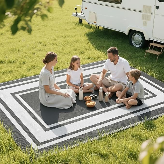 RURALITY Outdoor Rugs 6x9 Waterproof for Patios Clearance,Plastic Straw Mats for Backyard,Porch,Deck,Balcony,Reversible,Grey&White