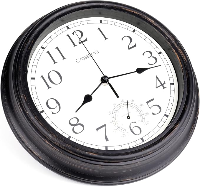 16 Inch Large Outdoor Clock Waterproof with Thermometer Retro Wall Clocks for Patio Pool Garden Home,Bronze
