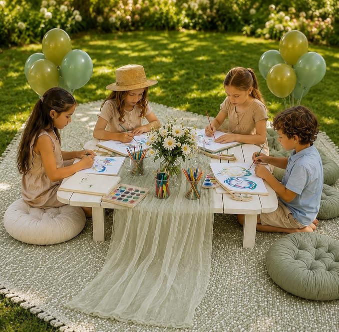 Cinrobiye Boho Picnic Party Set for Outdoor, Aesthetic Picnic Setup with Large Picnic Blanket, Floor Cushions, Table Runner, Napkins, Balloons for Wedding, Bridal Shower, Birthday(Green)