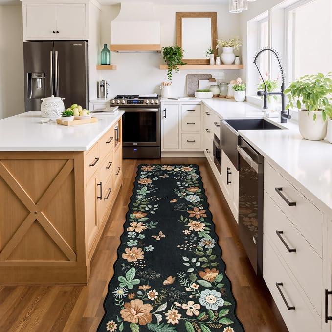 Lahome Floral Runner Rug for Hallways, 2'6''x8' Kitchen Runner Non Slip | Scalloped Soft Washable Hallway Rugs with Rubber Backing Carpet for Laundry Bedroom Bathroom Flore (Black/Grey)