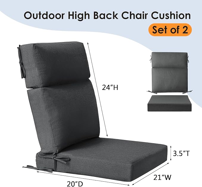 Unimatta Outdoor Separate High Back Chair Cushion Seat Pads, 2-Pack 44 x 21 Inch Water-Repellent & Fade-Resistant Patio Furniture Cushions with Ties for Adirondack, Rocking Chairs, Charcoal
