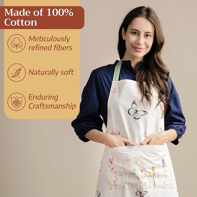 Maison d' Hermine Aprons for women with Pocket 100% Cotton (27.50"x31.50") | Adjustable Neck Strap & long ties Apron Men Chef Wedding Cooking Gardening Server Maid