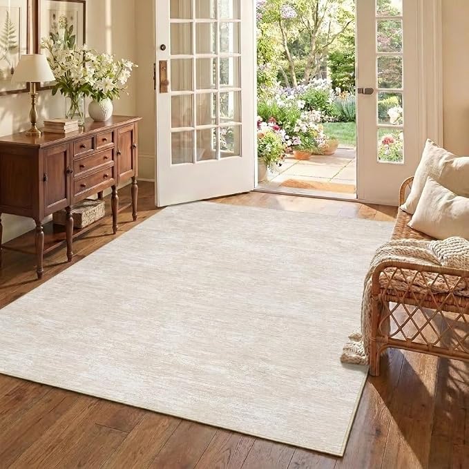 Garvee 5x7 Solid Color Washable Rug for Entryway Indoor, Beige | Modern Non Slip Backing Stain Resistant Non Shedding Foldable Low Pile Contemporary Area Rug for Bedroom Dining Room Nursery