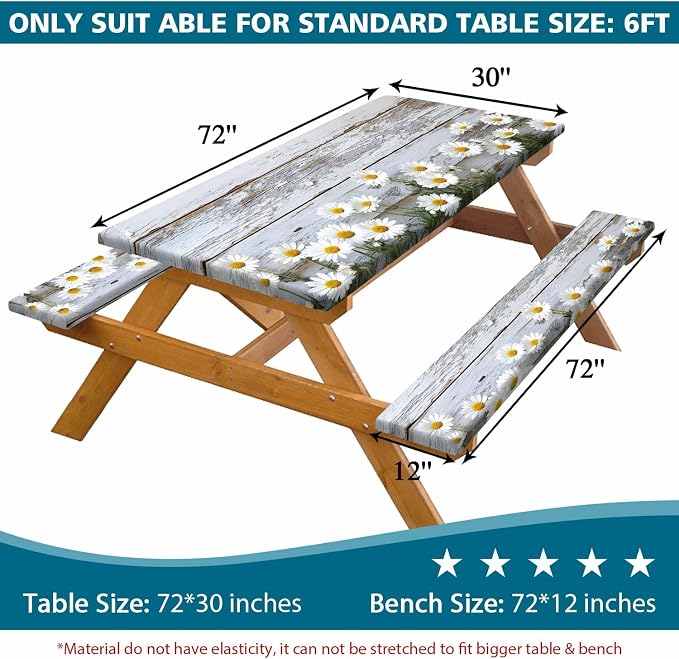 Picnic Table Cover with Bench Cover, Outdoor Patio Camping Essentials Farmhouse Daisy Wooden Table Covers with Elastic Waterproof Camping Tablecloth with Drawstring Bag, 96In 3PCS