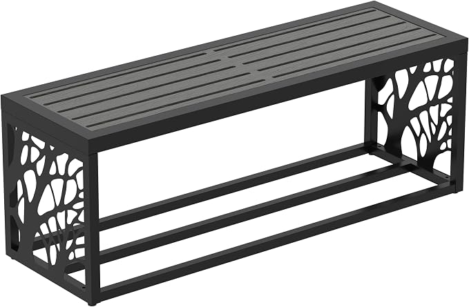 47" Outdoor Garden Bench with Storage Shelf, Modern Black Entryway Bench, Wood-Grain HDPE Seat, Galvanized Steel Frame with Powder Coating for Porch, Yard, Patio, Tree