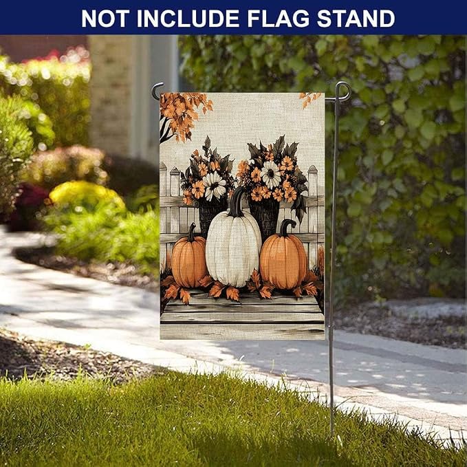 EMMTEEY Sunflower Garden Flag Fall Pumpkins 12.5X18 Double-Sided, Seasonal Yard Flags White Orange Small Burlap Garden Flags for Outside Front/Back Door