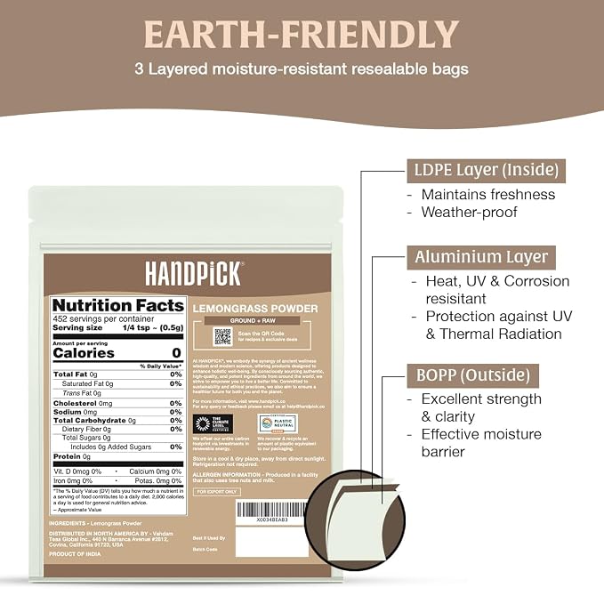 HANDPICK Lemongrass Powder (226g/8oz) Non GMO, Gluten Free, 100% Raw, Sourced from India, For Cooking, Smoothies, Tea, Packed in Resealable Ziplock Pouch (Packaging may vary)