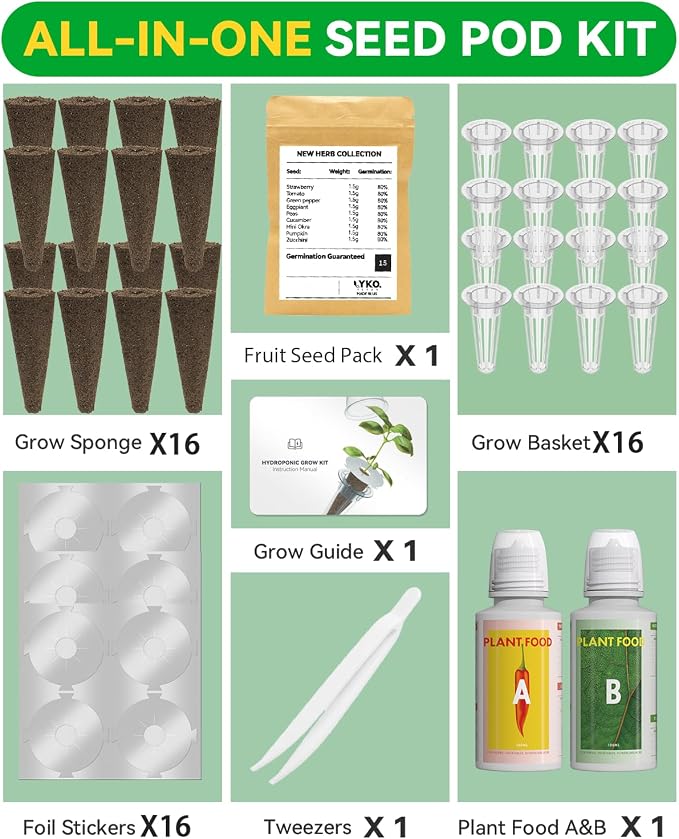 LYKOCLEAN 16-pod Fruits Seeds Pod Kit for, iDOO, Ahopegarden Hydroponics Growing System, 350+ Seeds (Include Red Strawberry, Tomato, Green Pepper, Eggplant, Peas, Cucumber, Okra, Pumpkin)