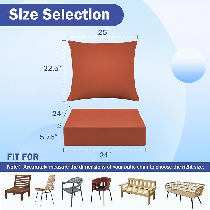 Outdoor Chair Cushions, 24 x 24 Inch Outdoor Cushion for Patio Furniture, Patio Chair Cushion, Waterproof & Fade Resistant Deep Patio Furniture Cushions Set with Handle and Ties, Spice (Set of 6)