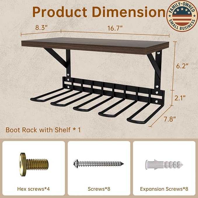 Decoroca Wall Mount Boot Rack, Garden Tool Organizer With 5 Curved Hooks & Wood Shelf, Heavy Duty Wader Boot Hangers Organizer Rack Trays for Outdoor/Indoor, Garden, Garage