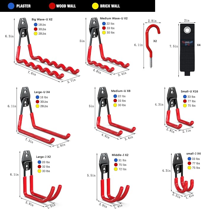 3-H Garage Wall Hooks 46 Pack,Garage Hooks Heavy Duty,Garage Storage Hooks for Hanging and Organizing Garden,Lawn,Yard Tools,Chairs,Ladders,Weed Eater,Shovel,Blower(Red)