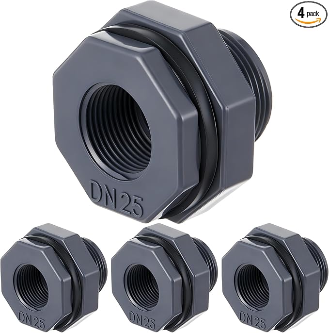 4 Pcs 1 Inch Bulkhead Fitting PVC Water Tank Connector Plumbing Pipe Threaded Bulkhead Fitting NPT for Rain Barrels, Water Tanks, Aquariums, Tubs, Pools