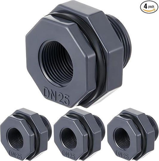 4 Pcs 1 Inch Bulkhead Fitting PVC Water Tank Connector Plumbing Pipe Threaded Bulkhead Fitting NPT for Rain Barrels, Water Tanks, Aquariums, Tubs, Pools