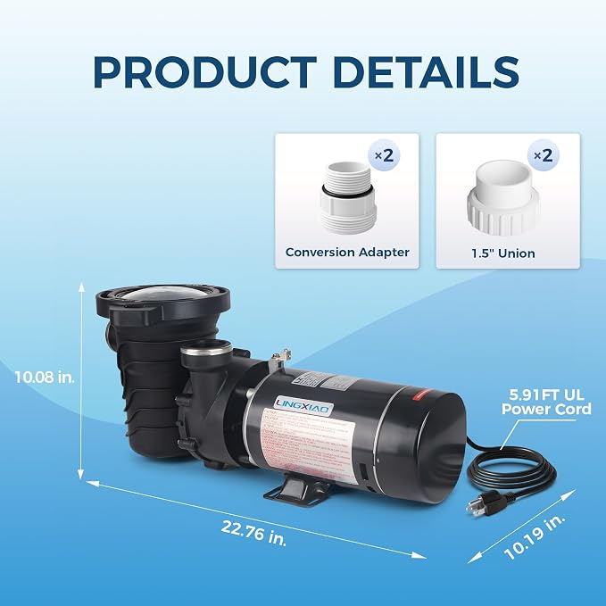 1.5 HP Above Ground Pool Pump 5706GPH 115V High-Efficiency | Single Speed, Low-Noise, UL Certified, Stainless Steel Shaft & Reinforced Thermoplastic, 1.5" Fittings, 2 Year Warranty