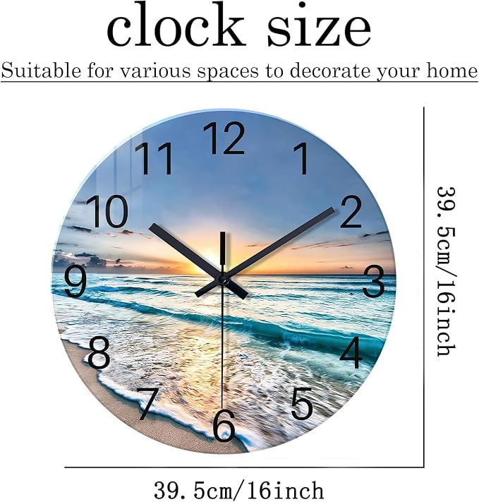 Blue Coastal Wall Clocks Battery Operated 16 Inch | Glass Wall Clock Silent Beach Round Large Decorative Wall Clock for Living Room Bedroom Kitchen Office