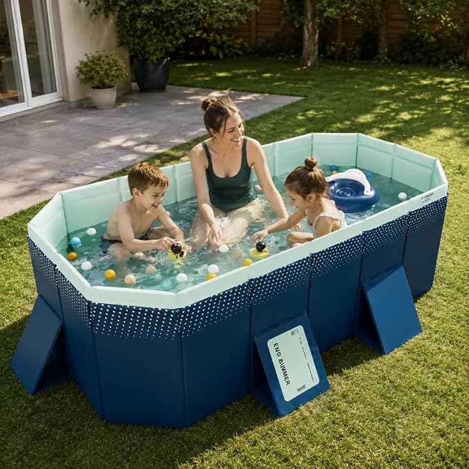 82.67-Inch Foldable Swimming Pool, Blue Non-Inflatable Rectangular Pool for 3-4 People, 4-Layer Composite PVC, Aluminum Alloy Frame, Dual Drains for Backyard Summer Fun