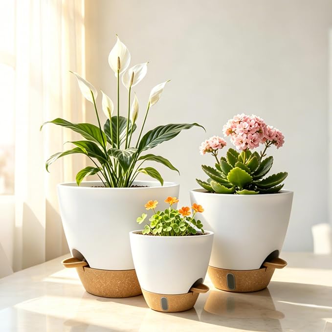 4-Pack Large Self Watering Pots for Indoor Plants, 12/10/9/8 Inch Planters with Visible Water Level Window, Automatic Watering System for Monstera, Fiddle Leaf, Herbs, Succulents, White