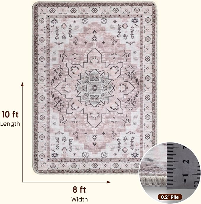 LBRO2M Machine Washable Rug Soft Pet Friendly Carpet 8X10 Pink | Persian Rug 8X10 for Living Room, Bedroom, Dining Room, Home Office, Non Slip Carpet, Foldable Stain Resistant Rugs
