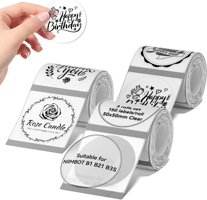 NIIMBOT Labels 3 Rolls Set for B1/B21/B31 Sticker Printer, 50x50mm (1.97'' x 1.97'') 150 Labels/Roll, Refill Labeling Tape for Home School Office Small Business (Clear Round)