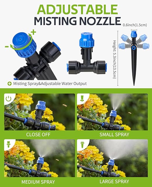 HIRALIY 59FT Drip Irrigation Kit with Water Timer, Quick-Connect Garden Watering System with 15 Adjustable Misting Nozzles, 1/4 in Tubing for Greenhouse, Hanging Plants & Raised Beds