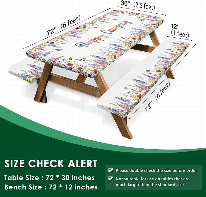 Picnic Table Cover with Bench Covers Elastic Edges, Butterfly Camper Fitted Table Cover, Outdoor Camping Essentials 72 Inch 3PCS, Waterproof Camping Fitted Tablecloth with Drawstring Bag