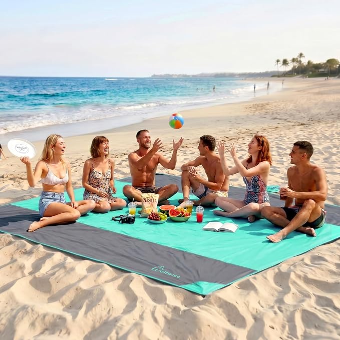 Wolfwise 78" × 108" XXL Beach Blanket, Waterproof & Sandproof Picnic Mat with 4 Sand Pockets & 4 Stakes, Windproof Outdoor Camping Beach Mat, Lightweight, Fits 6 People, Pink