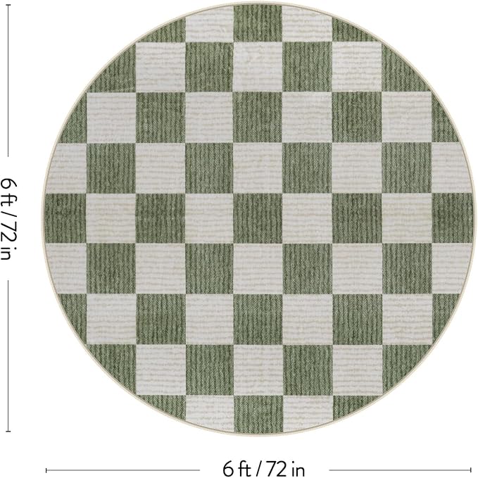 LIVEBOX Checkered Round Rug 6 Ft Washable Area Rug for Playroom Classroom, Kids Non-Slip Neutral Classic Circle Rug Geometric Large Carpet Soft Boys Nursery Rug for Dorm Bedroom(Sage Green,180R)