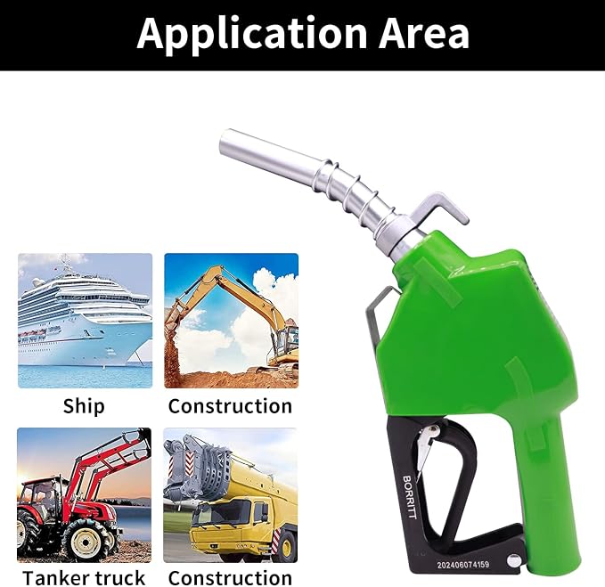 Green 3/4" Inch NPT Automatic Shut-Off Fuel Nozzle With Hook 13/16"Spout Max Flow Rate 16 GPM Perfect For Industry,Transportation Used for diesel,gasoline,kerosen