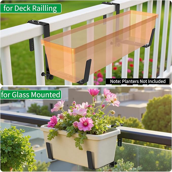Window Box Brackets, Adjustable Planter Box Brackets, Heavy Duty Iron Flower Box Brackets for Railings, with Enhanced Bottom Support - Perfect for Balconies, Fences, and Gardens (Black, 6 Pack)