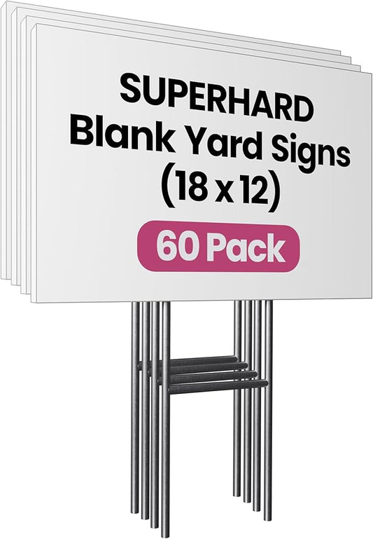 PartyPrints 60 Pack 18 x 12 White Blank Yard Signs with Metal Stakes, Waterproof Corrugated Plastic Signs for Rent, Sale, Party, Birthdays, DIY, Event, Advertising, Garden, Lawn Signs for Outside