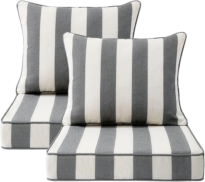 Unimatta Outdoor Patio Chair Cushions Set, 22" x 22", Set of 2, Water-Repellent, Fade Resistant, Deep Seat Bottom and Back Cushion for Backyard, Couch, Sofa and Patio Furniture, Gray Stripe
