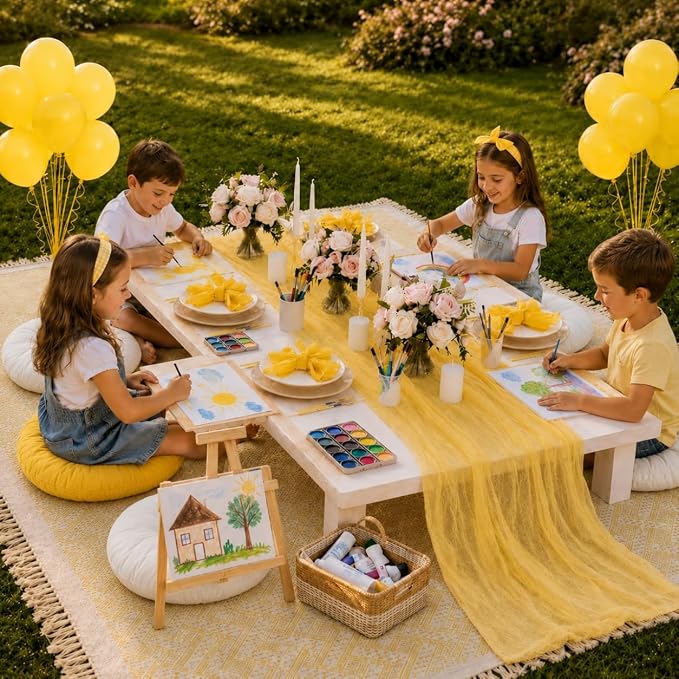 Cinrobiye Boho Picnic Party Set for Outdoor, Aesthetic Picnic Setup with Large Picnic Blanket, Floor Cushions, Table Runner, Napkins, Balloons for Wedding, Bridal Shower, Birthday(Yellow)
