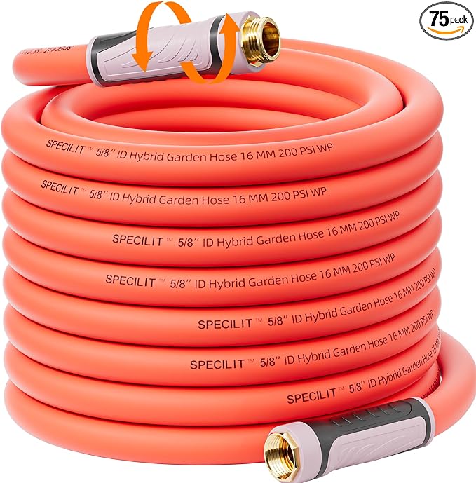 SPECILITE Garden Hose 75 ft x 5/8" Heavy Duty Premium Flexible Water Hose, with 360° Rotating Grip, No Kink, Leakproof, Lightweight, Burst 600 psi Hybrid Rubber Hoses for Reel, Outdoor, Yard