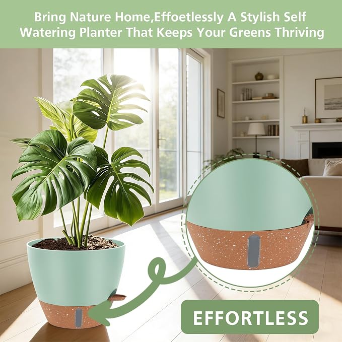 Self Watering Pots with Water Level Indicator, 12" 10" 9" 8" Large Plastic Flower Pots with Mesh Drainage Hole and Removable Saucer Reservoir for Indoor Outdoor Plants (Green)