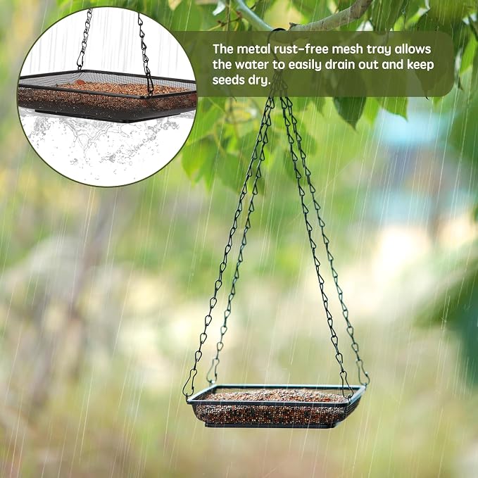 MIXXIDEA Hanging Bird Feeder Tray Metal Mesh Platform Seed Feeder with Durable Chains for Outdoors Garden Great for Attracting Birds (1 Pack)