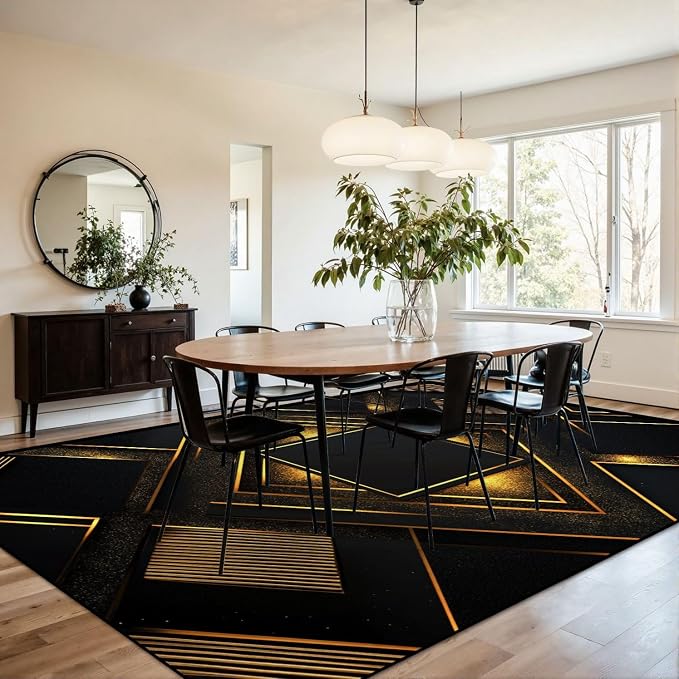 9x12 Area Rugs for Living Room Black Gold Geometric Stripe Decorative Repeated Patterns Radiating Washable Large Area Rug for Bedroom Non Slip Outdoor Carpets Soft Mats Kitchen Home Office Decor