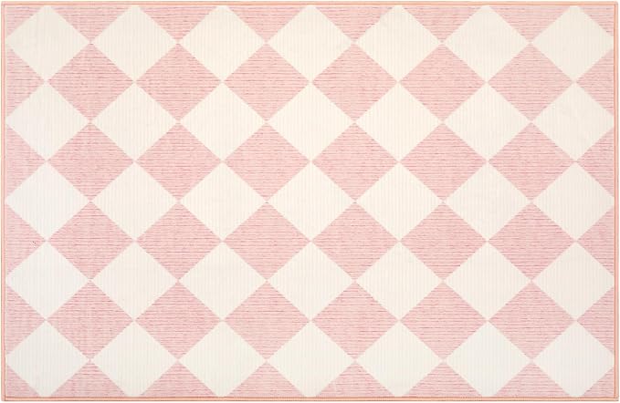 GarveeHome Checkered Entryway Rug 2x3 Pink Diamond Washable Front Door Rug | Soft Indoor Entrance Plaid Carpet Non-Slip Low Pile Throw Rugs for Kitchen Floor, Powder Room, Entry, Bathroom, Kids Room