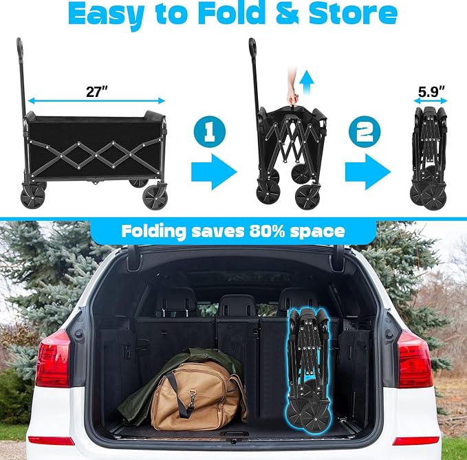 Wagons Carts Foldable,280lbs Collapsible Wagon Foldable Wagon with Wheels, Portable Folding Cart for Camping, Picnic,Beach, Groceries,Outdoor Sports,Shopping (Black)