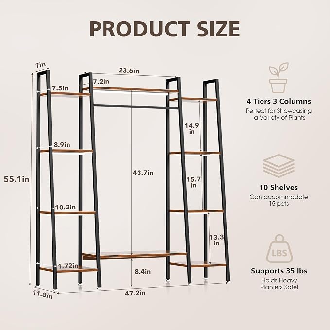 BACEKOLL Plant Stand Indoor with Grow Lights, 6 Tiered Metal Plant Shelf, 55" Large Plant Stand for Indoor Plants Multiple, Corner Plant Holder Display Shelf, Tall Plant Rack for Living Room, Patio
