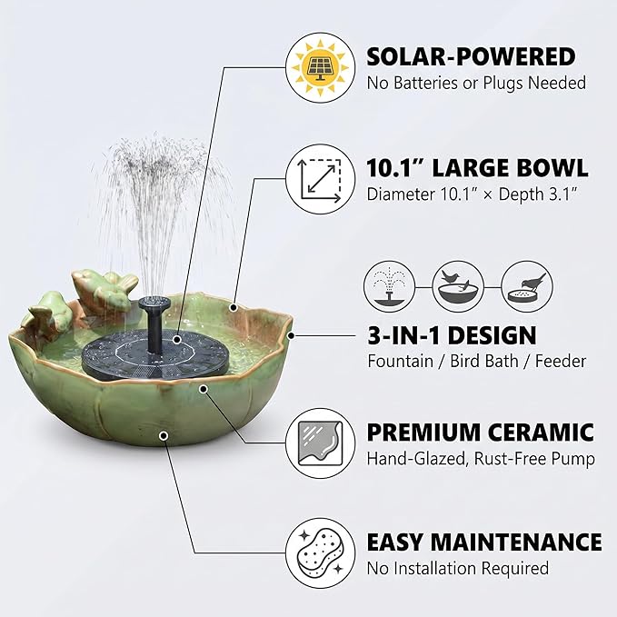Large Ceramic Bird Bath Bowl with Solar Powered Fountain, Solar Bird Bath Fountain for Outdoors, Hummingbird Solar Water Fountain for Bird Bath, Tabletop Garden Bird Bath for Patio Yard Outdoor Décor