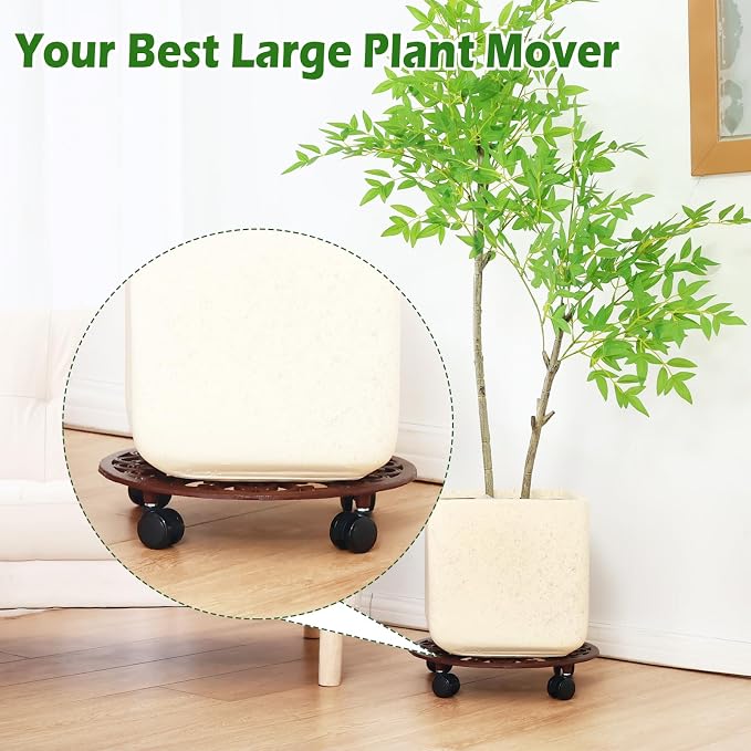 3 Packs 14 Inch Rolling Plant Stand with Wheels Metal Plant Caddy with Wheels Heavy Duty Round Plant Stand Indoor Iron Plants Rollers for Plants, Plant Dolly Brown