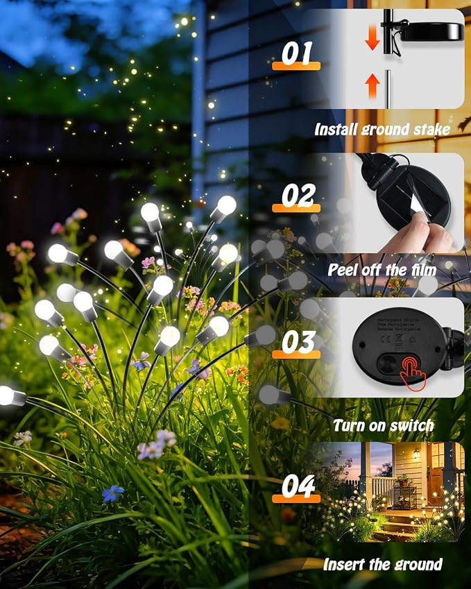 OZS 4 Pack Total 32 LED Solar Garden Lights Fairy Outdoor - Solar Firefly Lights Outdoor, Sway by Wind, Waterproof for Garden Patio Pathway Fairy Decoration (Cool White)