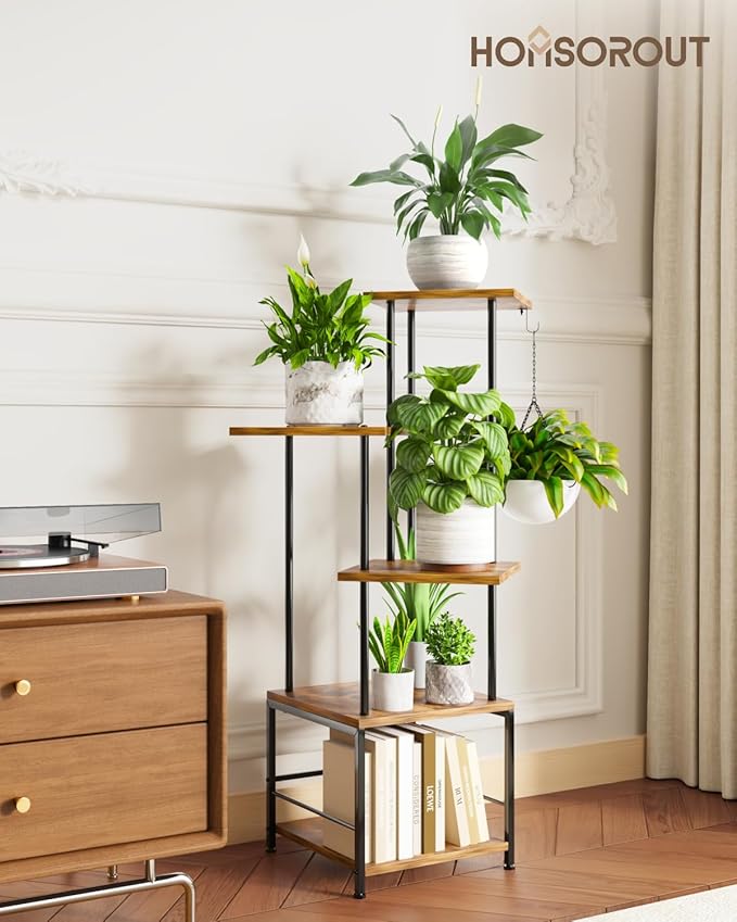 Homsorout Plant Stand Indoor - 5-Tier Metal Plant Shelf with Hanging Basket Hook, Corner Tall Flower Holder for Multiple Plants, Living Room Balcony Garden Patio, Rustic Brown
