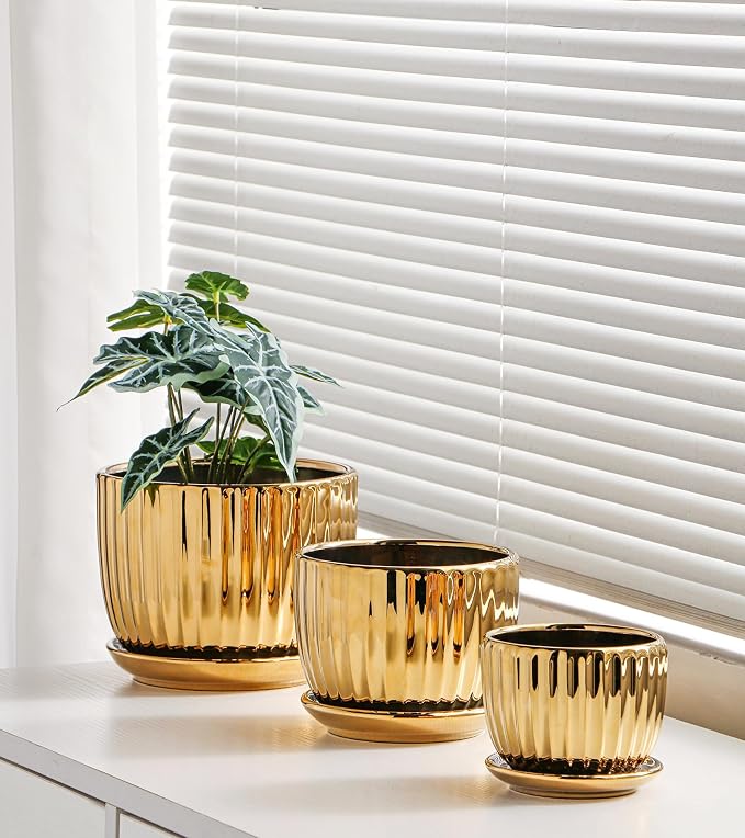 Ton Sin Gold Plant Pots,4.1+5.1+6.5 Inch Ceramic Succulent Planters Set of 3,Indoor Flower Pot with Drainage,Handmade Decorative Ceramic Orchid and Herb Pots(Gold)
